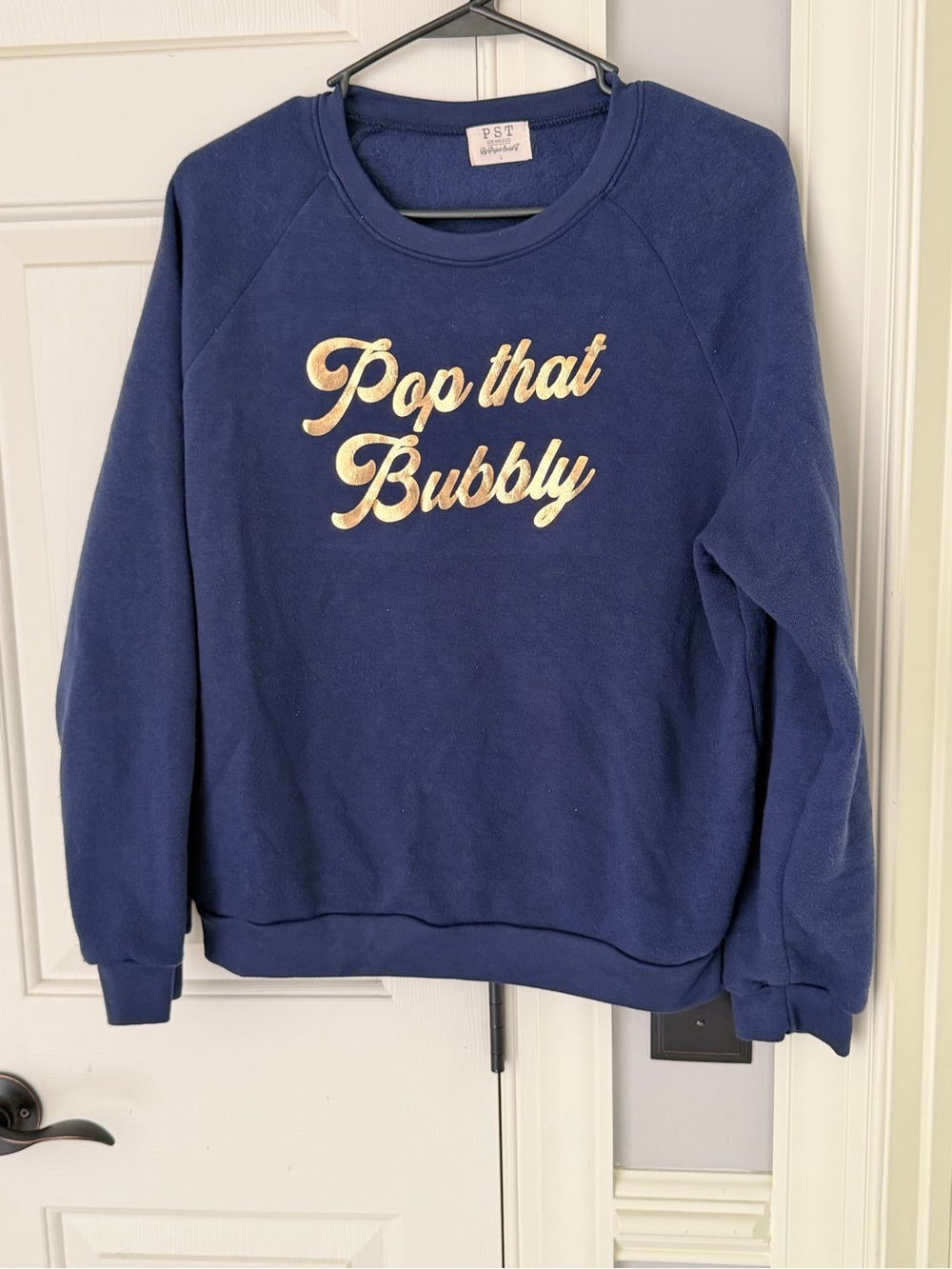 Project Social T Navy Sweatshirt with Gold 'Pop That Bubbly' Script